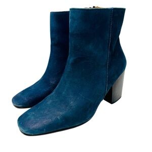 CHARLESTON SHOE CO. Blue Suede Block Heeled Ankle Boots Sz 8 Square Toe Zip‎